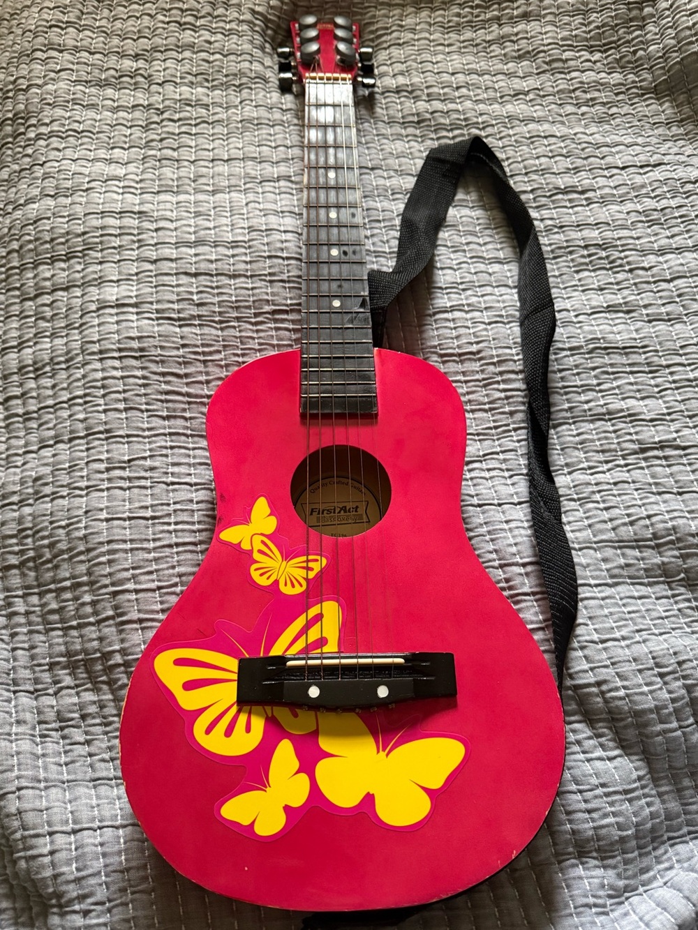 Kids Bright Pink Butterfly Acoustic Guitar with Black Strap
